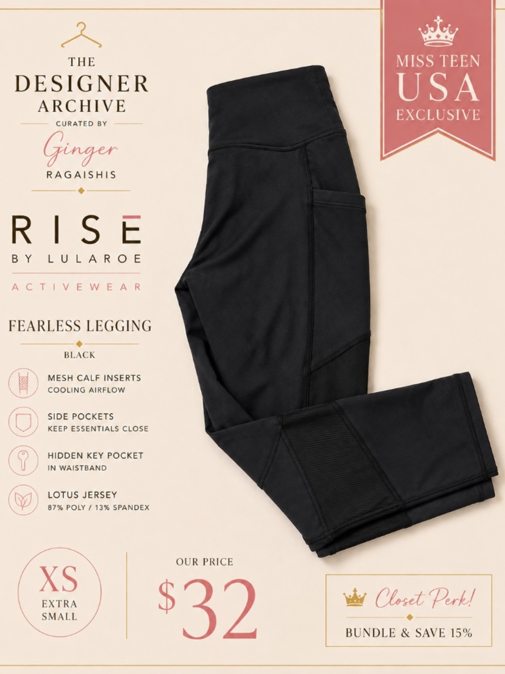 RISE Fearless Leggings XS Black Mesh Pocket Miss Teen USA Exclusive